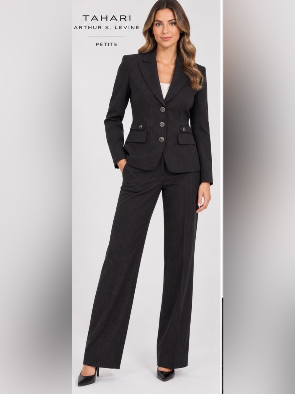Tahari Arthur S. Levine Petite 6P Black Pinstripe 2 Piece Pant Suit w/ Pocket